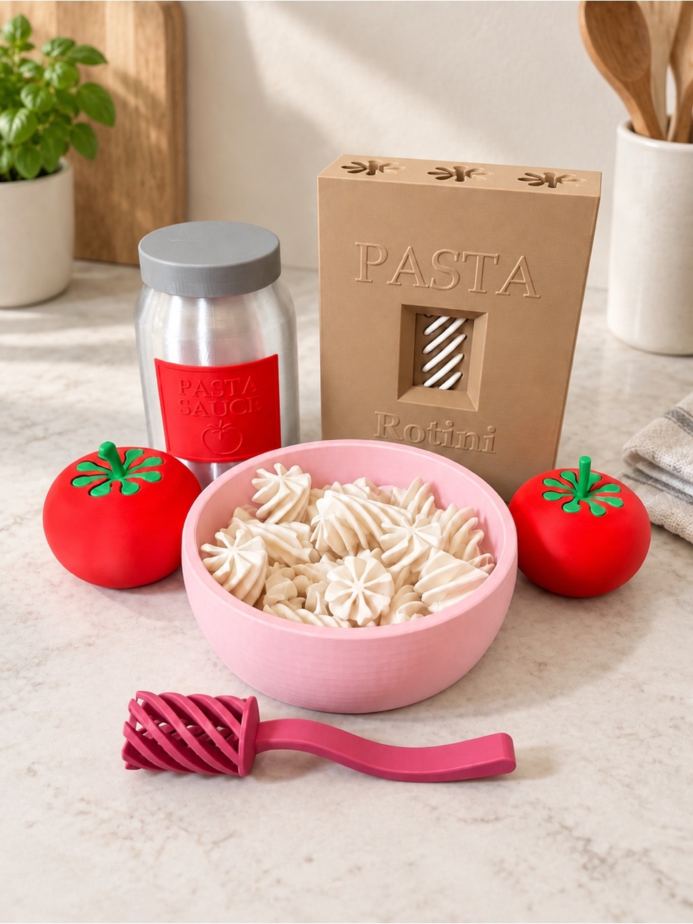 Kids toys 3d printed Pink Pasta Serving Bowl with Matching Pasta Tool